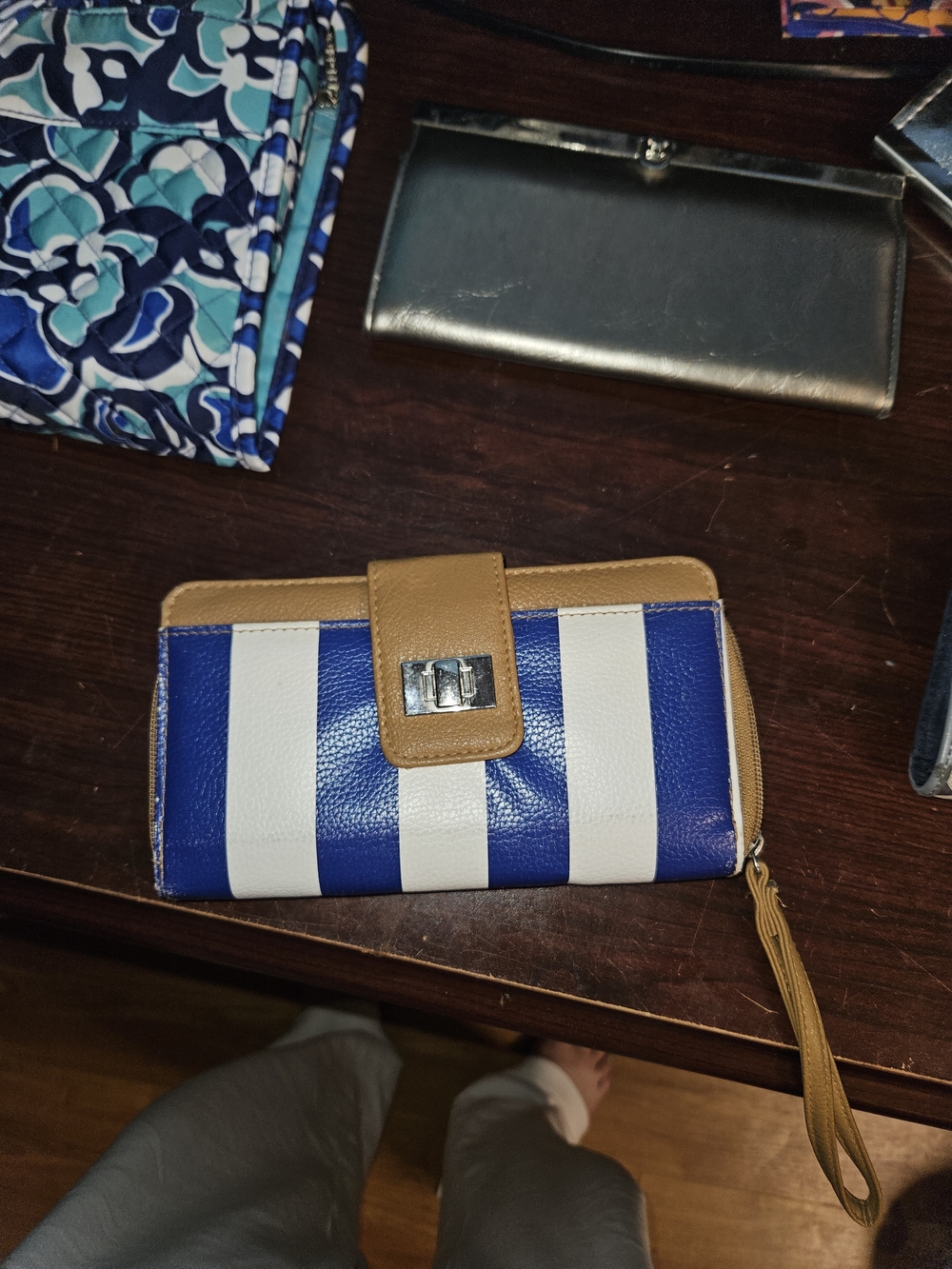 Striped Blue and White Wristlet Wallet with Tan Trim